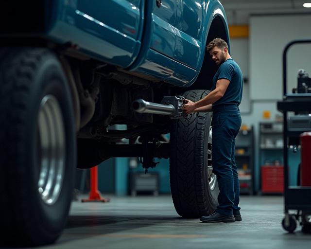 Mechanic inspecting under truck